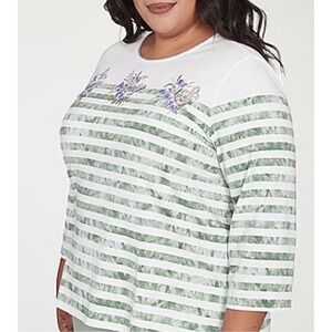 Alfred Dunner‎ Santa Fe Aloe Green Striped Floral Butterfly Knit Top 1X NWT $63